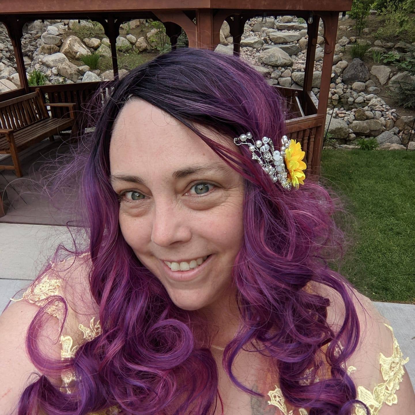 Picture of Jenn Adams with Purple Hair and a Yellow Dress on her Wedding Day